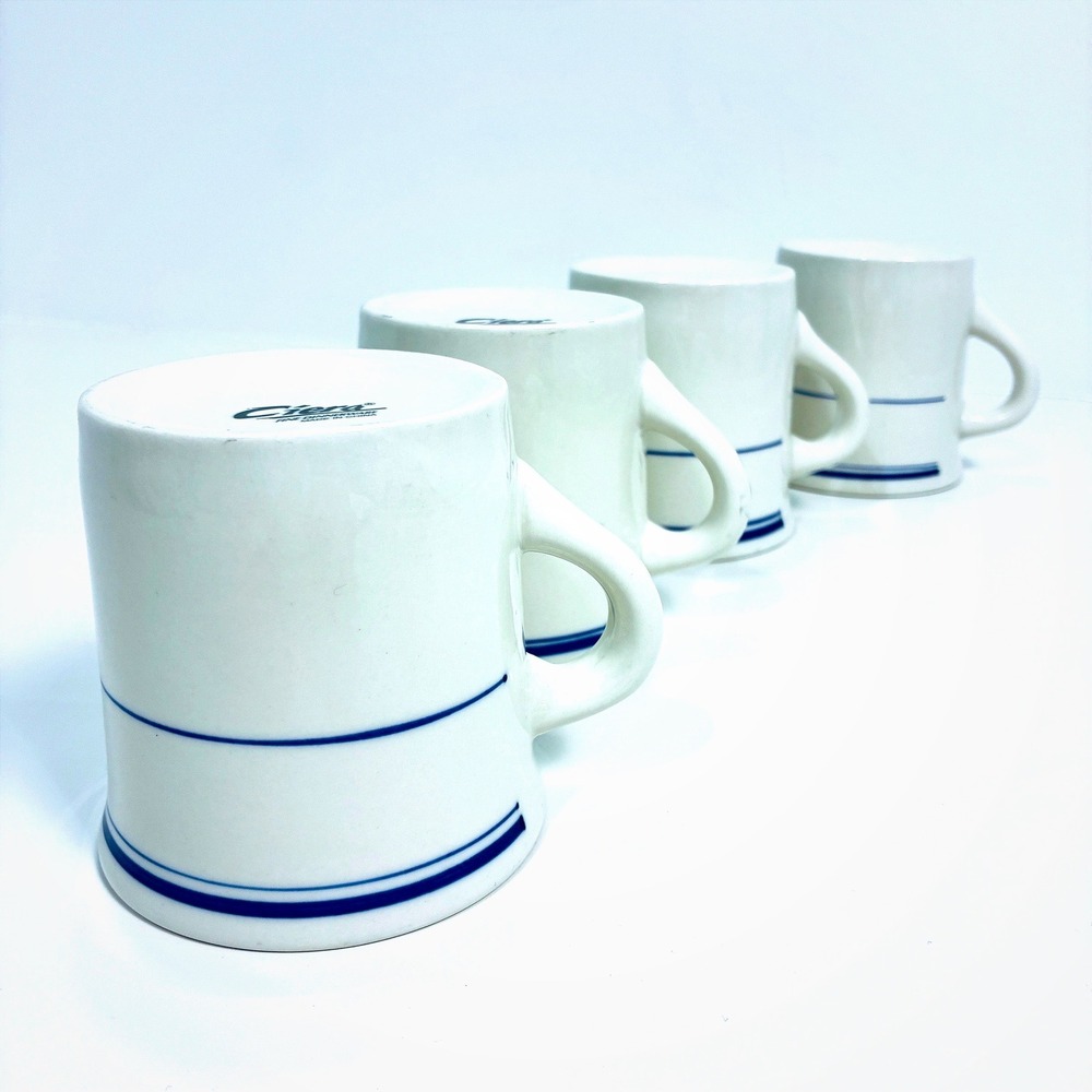 Ciera Fine Dinnerware Coffee Cups Authentic Nostalgia White Blue Stripe Set of 4